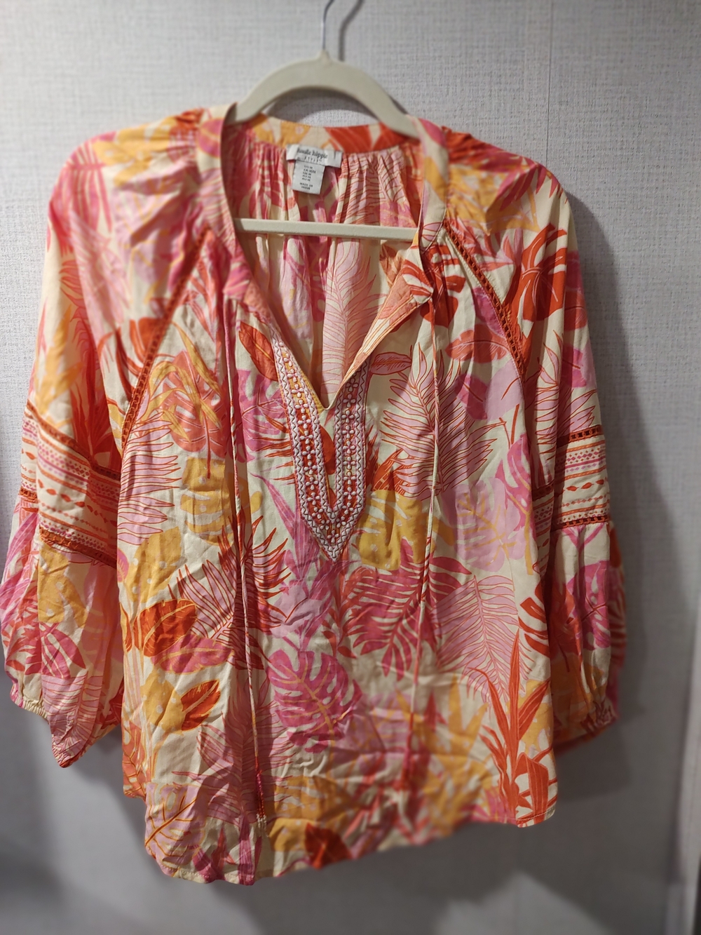 Haute Hippie Tropical Embroidered V-Neck Tunic - Coral, Pink, Yellow Size Medium